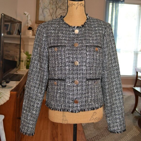 Ted Baker NWT Klaudi Metallic Bouclé black white Tweed Fringe button up Jacket 4 - Picture 4 of 14